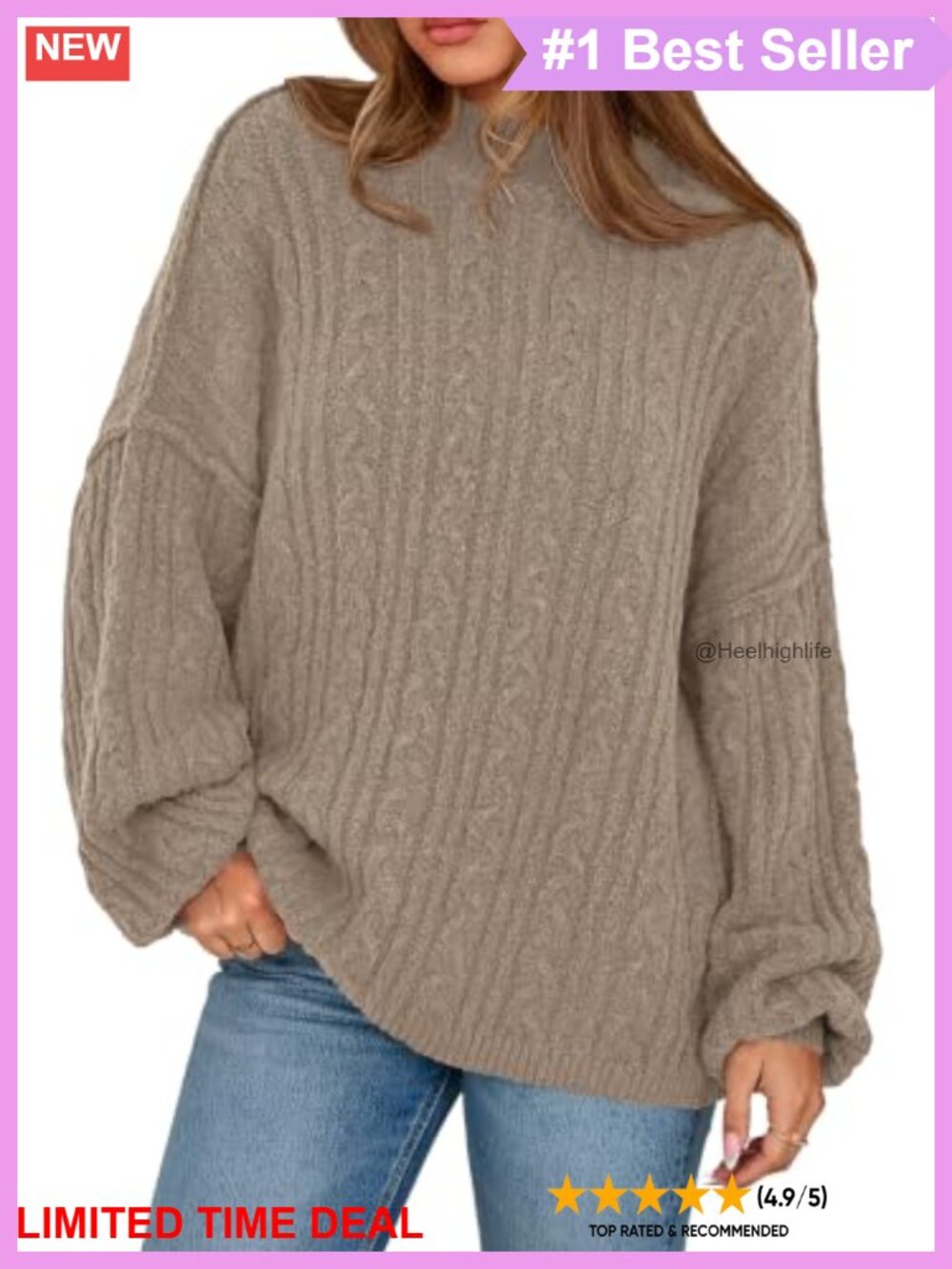 Cable Knit Oversized Sweater Long Sleeve Crewneck Pullover Exposed Seam